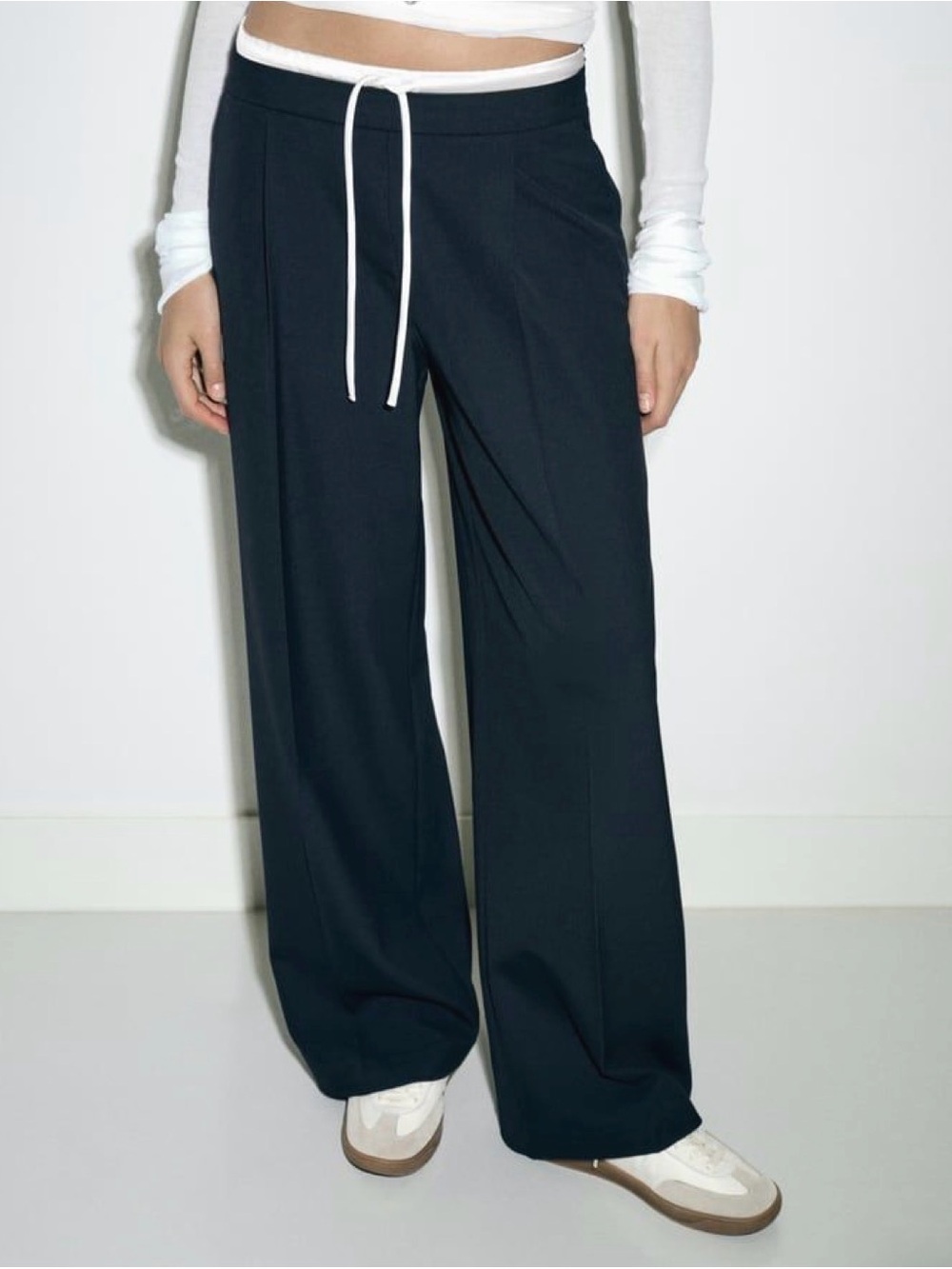 Zara navy blue wide leg trousers pull on boxer waistband pants tie waist large